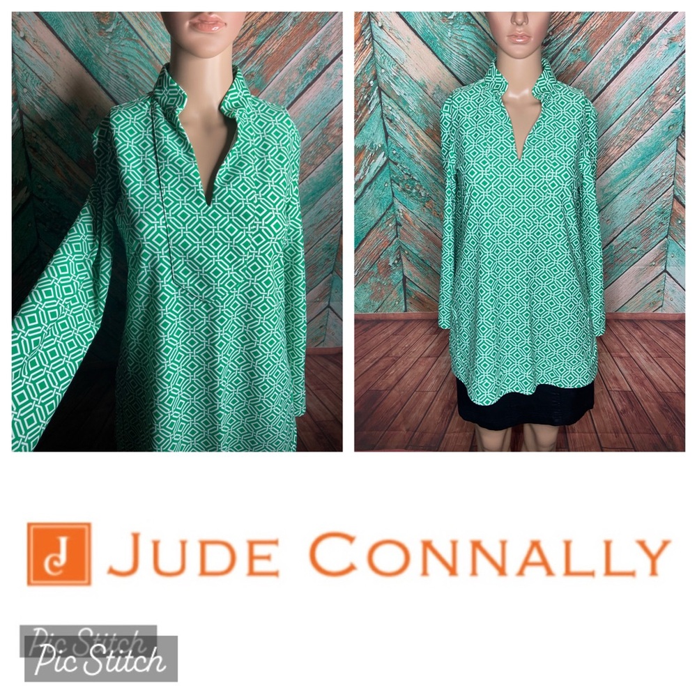 Jude Connally Green Kate Mini Link Print Stand Collar Long Sleeve Top